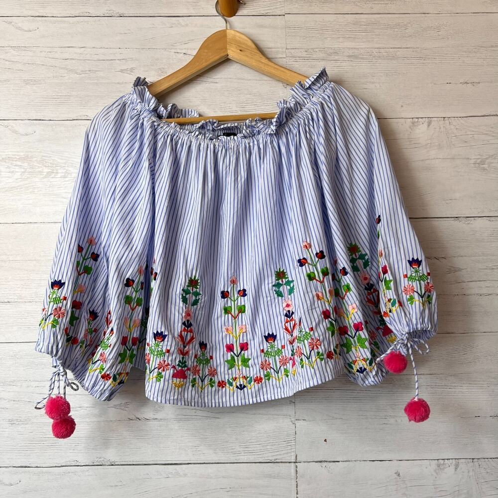 Aqua Blouse Womens Size XS Off the Shoulder Pinstriped Floral Embroidered Cotton